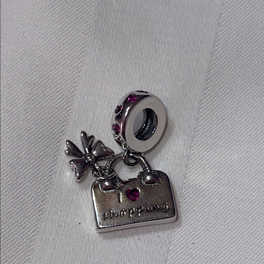 Sterling Silver Shopping Bag Charm Pendant with Ribbon with Pink Accents